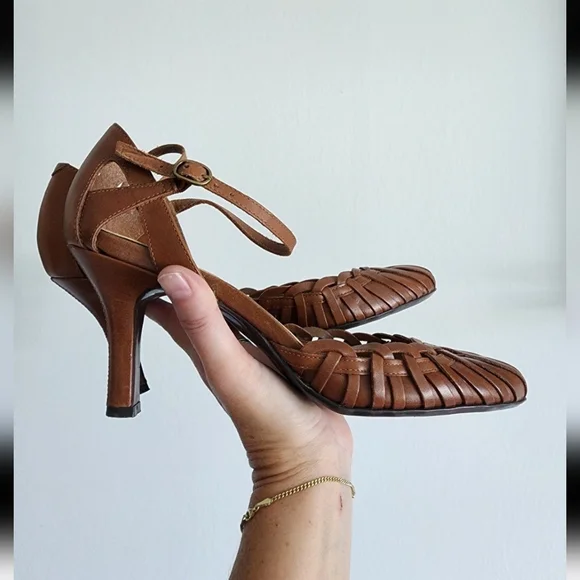 Nine West Women's Woven Brown Leather Round Toe Heels Size 9M - Picture 5 of 8